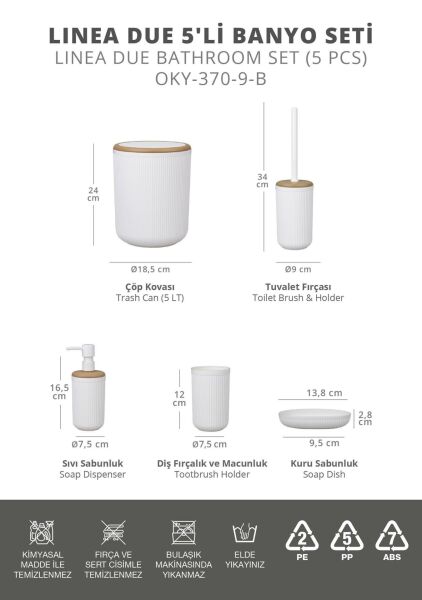 Okyanus Home Linea Due Kırık Beyaz Çizgili Yuvarlak 5'li Banyo Seti