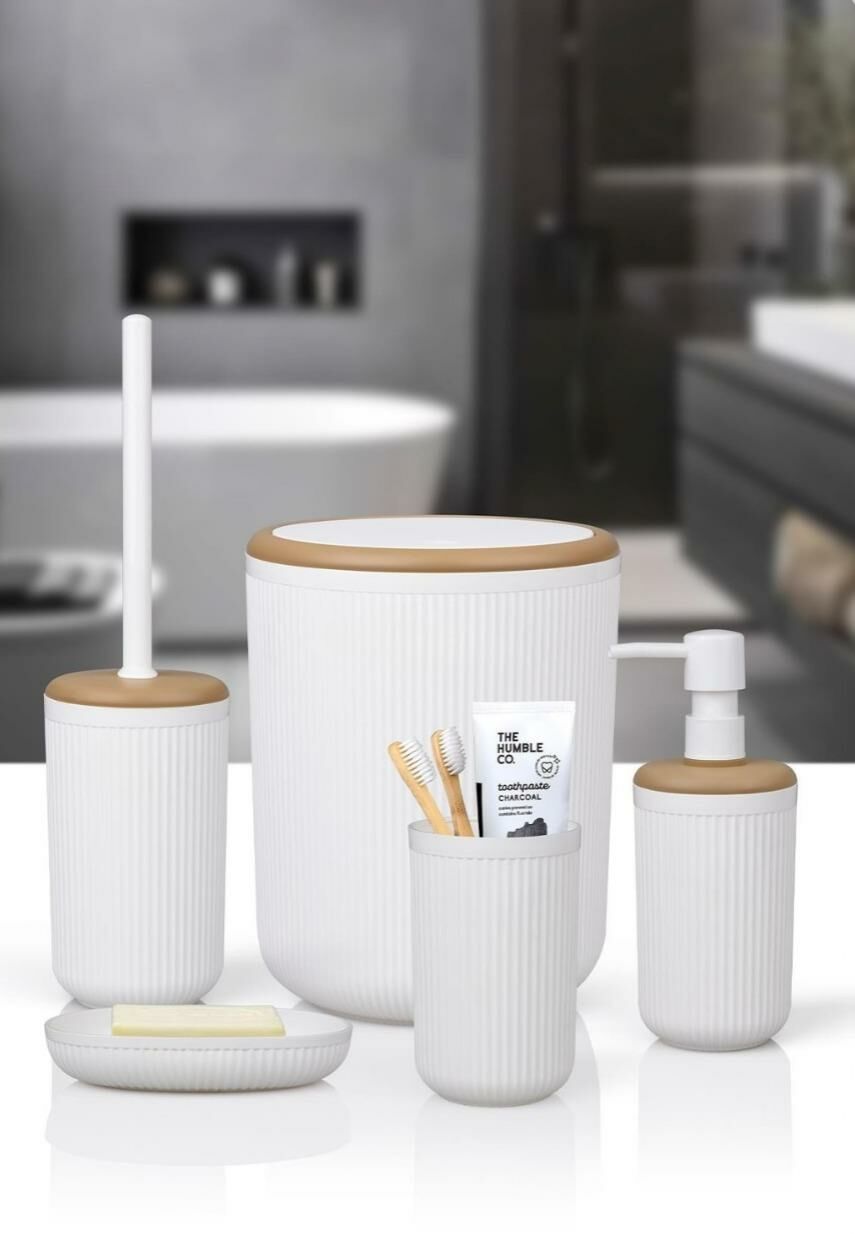 Okyanus Home Linea Due Kırık Beyaz Çizgili Yuvarlak 5'li Banyo Seti