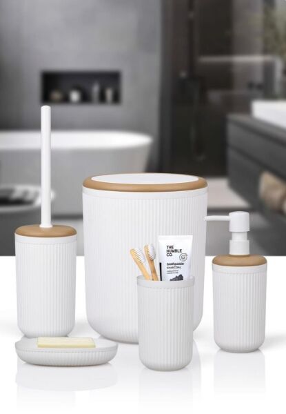 Okyanus Home Linea Due Kırık Beyaz Çizgili Yuvarlak 5'li Banyo Seti