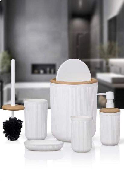 Okyanus Home Linea Due Kırık Beyaz Çizgili Yuvarlak 5'li Banyo Seti