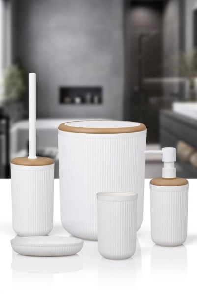 Okyanus Home Linea Due Kırık Beyaz Çizgili Yuvarlak 5'li Banyo Seti