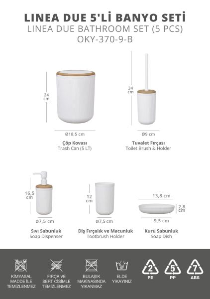 Okyanus Home Linea Due Kırık Beyaz Çizgili Yuvarlak 5'li Banyo Seti