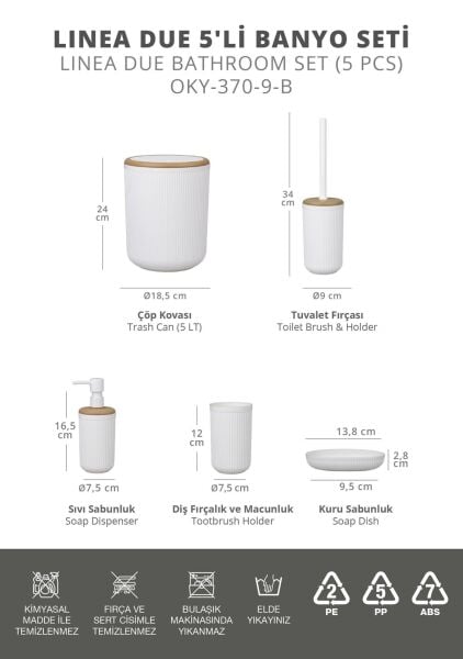 Okyanus Home Linea Due Kırık Beyaz Çizgili Yuvarlak 5'li Banyo Seti