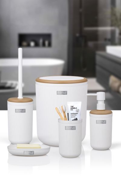 Okyanus Home Linea Due Kırık Beyaz Çizgili Yuvarlak 5'li Banyo Seti