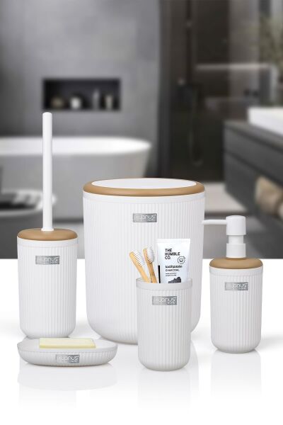 Okyanus Home Linea Due Kırık Beyaz Çizgili Yuvarlak 5'li Banyo Seti