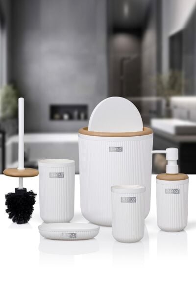 Okyanus Home Linea Due Beyaz Çizgili Yuvarlak 5'li Banyo Seti