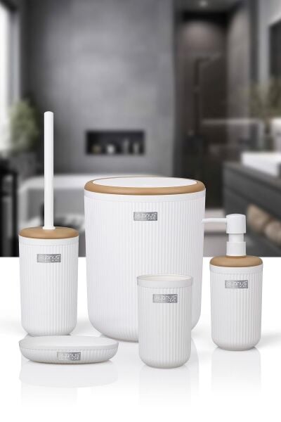 Okyanus Home Linea Due Beyaz Çizgili Yuvarlak 5'li Banyo Seti