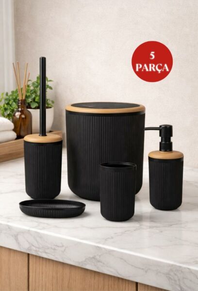 Okyanus Home Linea Due Siyah Çizgili Yuvarlak 5'li Banyo Seti