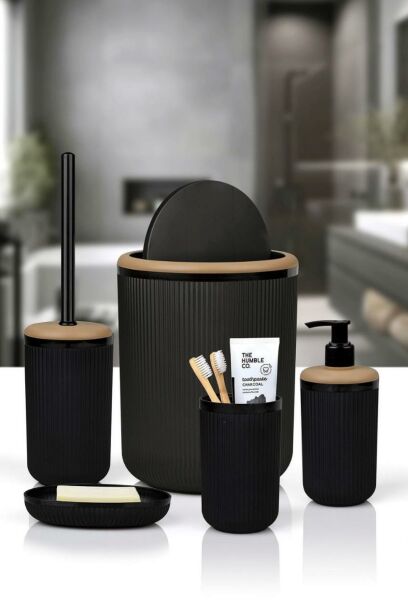 Okyanus Home Linea Due Siyah Çizgili Yuvarlak 5'li Banyo Seti