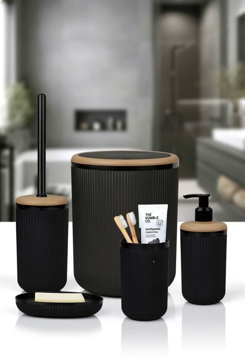 Okyanus Home Linea Due Siyah Çizgili Yuvarlak 5'li Banyo Seti