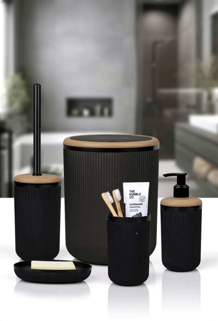 Okyanus Home Linea Due Siyah Çizgili Yuvarlak 5'li Banyo Seti