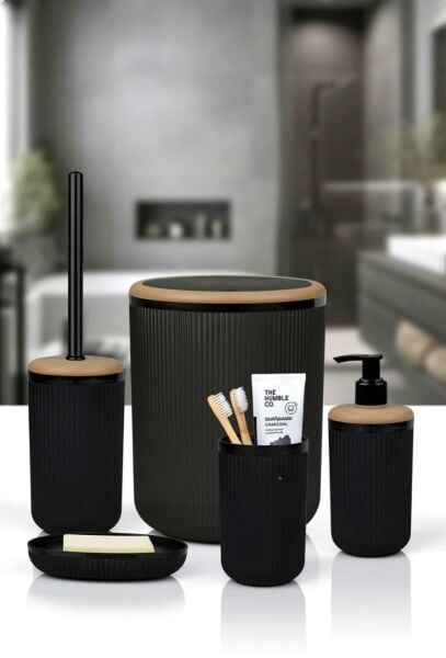 Okyanus Home Linea Due Siyah Çizgili Yuvarlak 5'li Banyo Seti