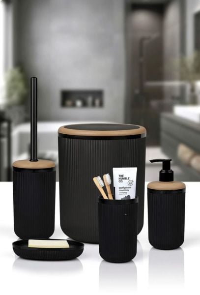 Okyanus Home Linea Due Siyah Çizgili Yuvarlak 5'li Banyo Seti