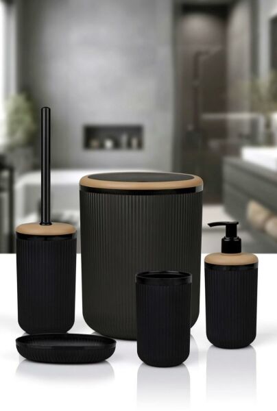 Okyanus Home Linea Due Siyah Çizgili Yuvarlak 5'li Banyo Seti