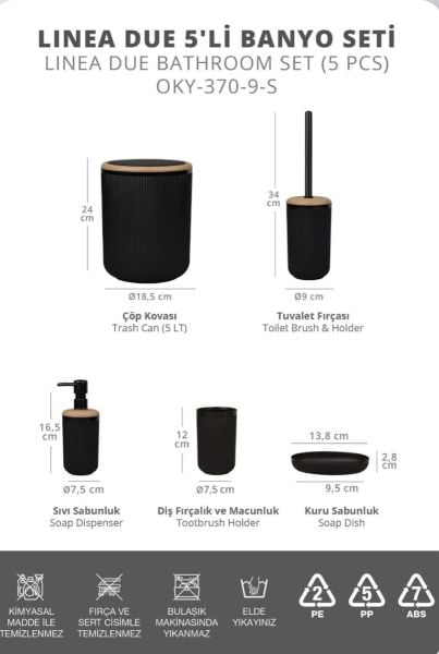 Okyanus Home Linea Due Siyah Çizgili Yuvarlak 5'li Banyo Seti