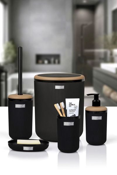Okyanus Home Linea Due Siyah Çizgili Yuvarlak 5'li Banyo Seti