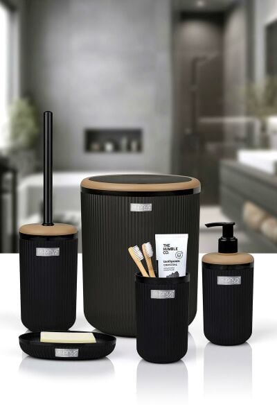 Okyanus Home Linea Due Siyah Çizgili Yuvarlak 5'li Banyo Seti