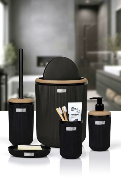 Okyanus Home Linea Due Siyah Çizgili Yuvarlak 5'li Banyo Seti