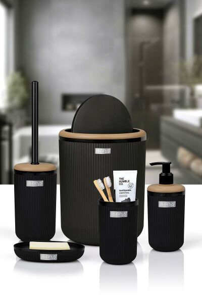 Okyanus Home Linea Due Siyah Çizgili Yuvarlak 5'li Banyo Seti