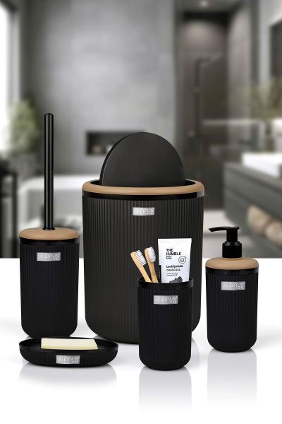 Okyanus Home Linea Due Siyah Çizgili Yuvarlak 5'li Banyo Seti