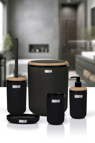 Okyanus Home Linea Due Siyah Çizgili Yuvarlak 5'li Banyo Seti