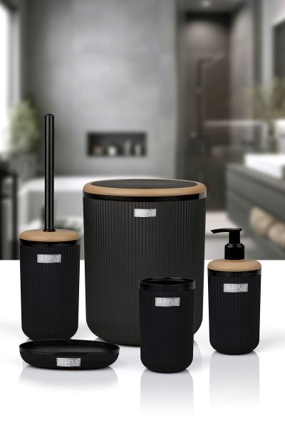 Okyanus Home Linea Due Siyah Çizgili Yuvarlak 5'li Banyo Seti