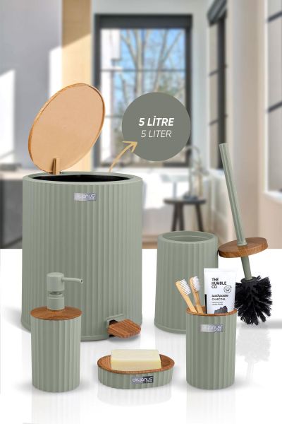 Okyanus Home Coliseum Yeşil Ahşap Desenli Kovalı Pedallı 5'li Banyo Seti