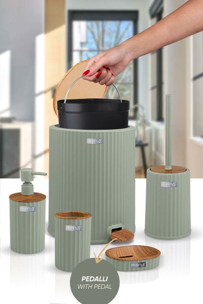 Okyanus Home Coliseum Yeşil Ahşap Desenli Kovalı Pedallı 5'li Banyo Seti