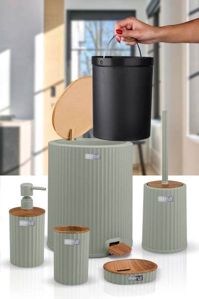 Okyanus Home Coliseum Yeşil Ahşap Desenli Kovalı Pedallı 5'li Banyo Seti