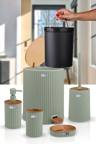 Okyanus Home Coliseum Yeşil Ahşap Desenli Kovalı Pedallı 5'li Banyo Seti