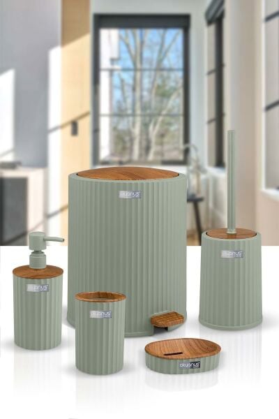 Okyanus Home Coliseum Yeşil Ahşap Desenli Kovalı Pedallı 5'li Banyo Seti