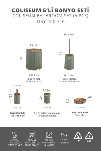 Okyanus Home Coliseum Yeşil Ahşap Desenli Kovalı Pedallı 5'li Banyo Seti
