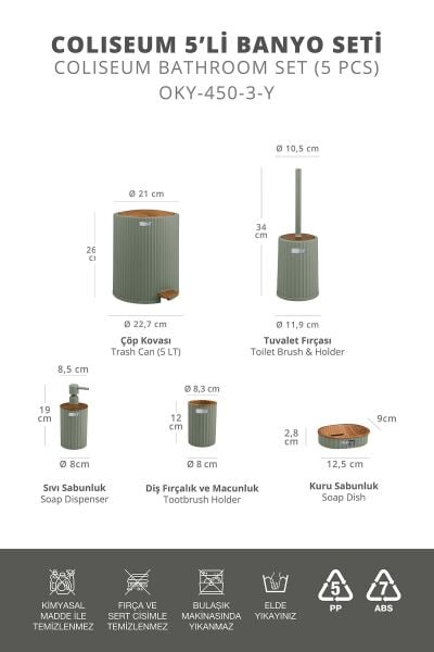 Okyanus Home Coliseum Yeşil Ahşap Desenli Kovalı Pedallı 5'li Banyo Seti