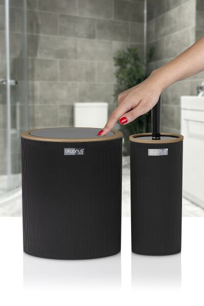 Okyanus Home Mina Due Siyah Çizgili Yuvarlak 2'li Wc Kova ve Fırça Seti