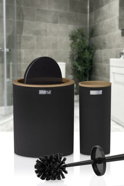 Okyanus Home Mina Due Siyah Çizgili Yuvarlak 2'li Wc Kova ve Fırça Seti