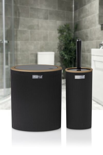 Okyanus Home Mina Due Siyah Çizgili Yuvarlak 2'li Wc Kova ve Fırça Seti