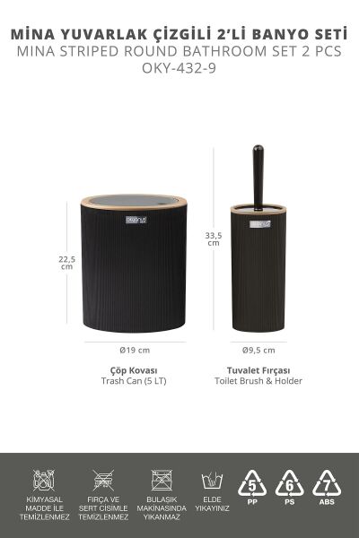 Okyanus Home Mina Due Siyah Çizgili Yuvarlak 2'li Wc Kova ve Fırça Seti