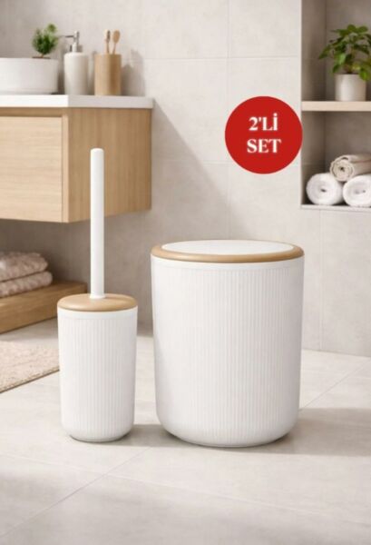 Okyanus Home Linea Due Kırık Beyaz Çizgili Yuvarlak 2'li Wc Kova ve Fırça Seti