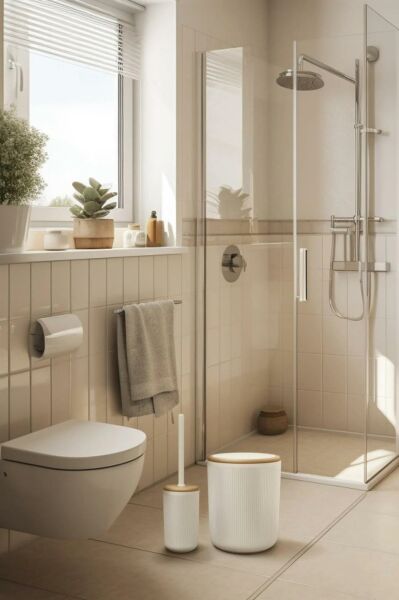 Okyanus Home Linea Due Kırık Beyaz Çizgili Yuvarlak 2'li Wc Kova ve Fırça Seti