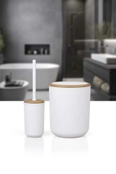 Okyanus Home Linea Due Kırık Beyaz Çizgili Yuvarlak 2'li Wc Kova ve Fırça Seti