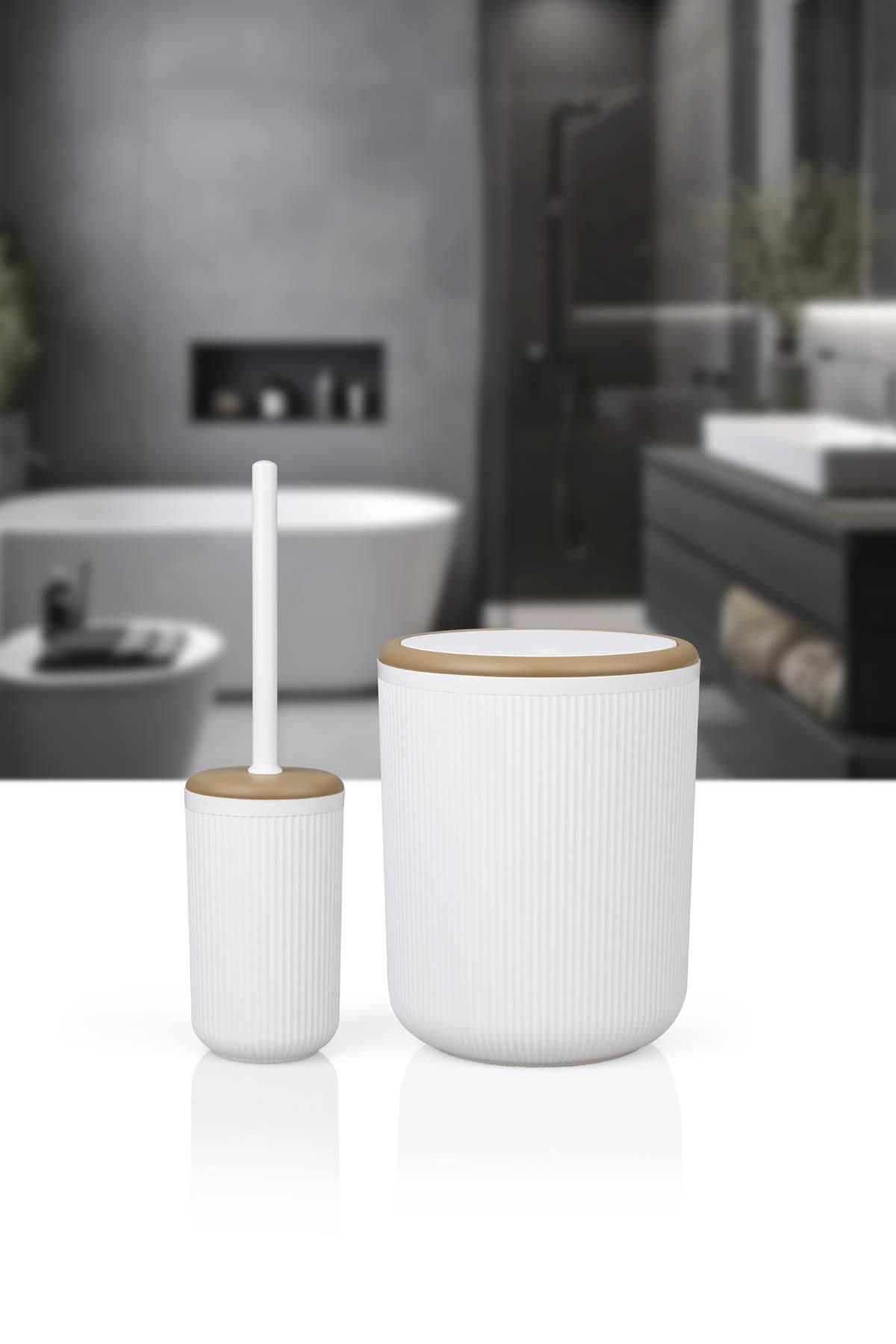 Okyanus Home Linea Due Kırık Beyaz Çizgili Yuvarlak 2'li Wc Kova ve Fırça Seti