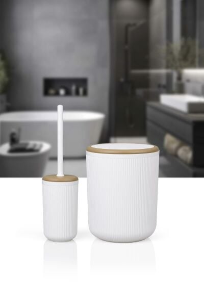 Okyanus Home Linea Due Kırık Beyaz Çizgili Yuvarlak 2'li Wc Kova ve Fırça Seti