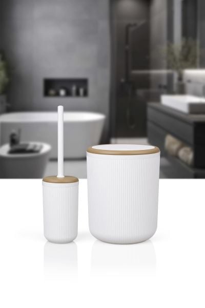 Okyanus Home Linea Due Kırık Beyaz Çizgili Yuvarlak 2'li Wc Kova ve Fırça Seti