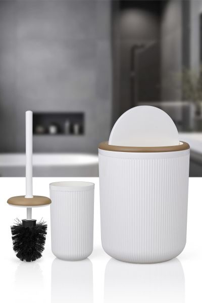 Okyanus Home Linea Due Kırık Beyaz Çizgili Yuvarlak 2'li Wc Kova ve Fırça Seti