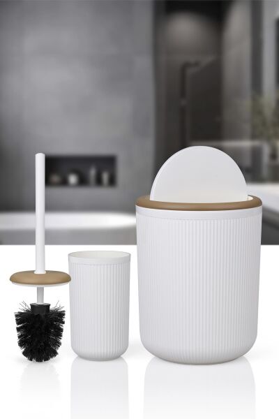 Okyanus Home Linea Due Kırık Beyaz Çizgili Yuvarlak 2'li Wc Kova ve Fırça Seti