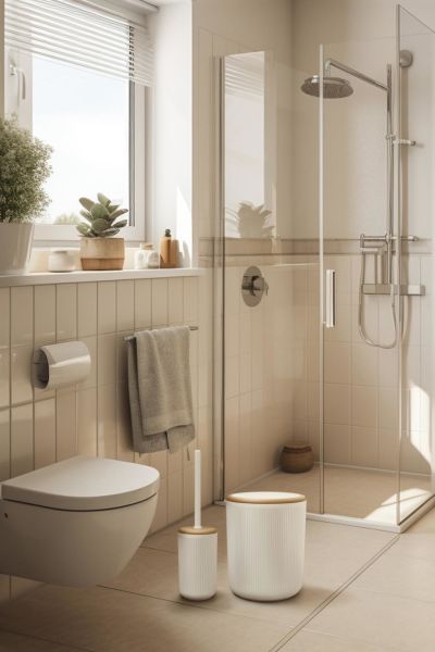 Okyanus Home Linea Due Kırık Beyaz Çizgili Yuvarlak 2'li Wc Kova ve Fırça Seti