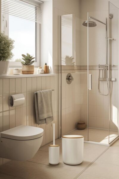 Okyanus Home Linea Due Kırık Beyaz Çizgili Yuvarlak 2'li Wc Kova ve Fırça Seti