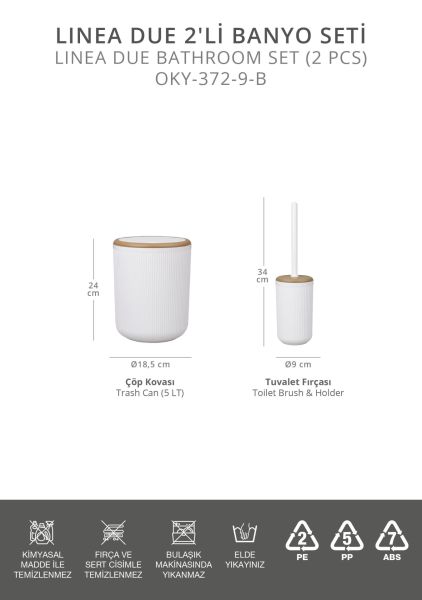 Okyanus Home Linea Due Kırık Beyaz Çizgili Yuvarlak 2'li Wc Kova ve Fırça Seti