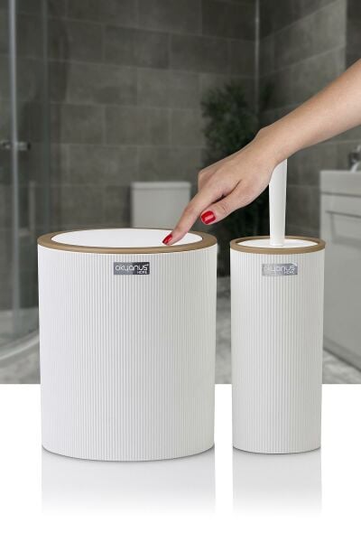 Okyanus Home Mina Due Beyaz Çizgili Yuvarlak 2'li Wc Kova ve Fırça Seti