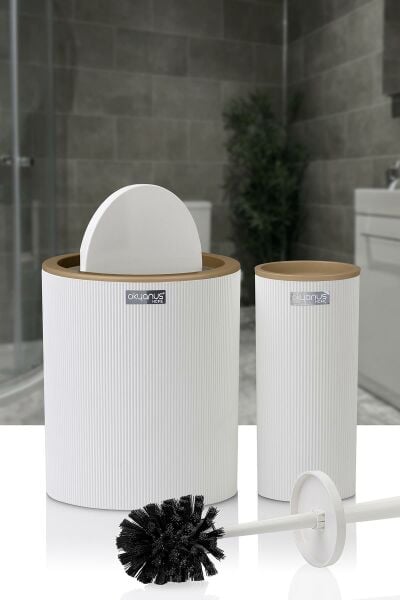 Okyanus Home Mina Due Beyaz Çizgili Yuvarlak 2'li Wc Kova ve Fırça Seti